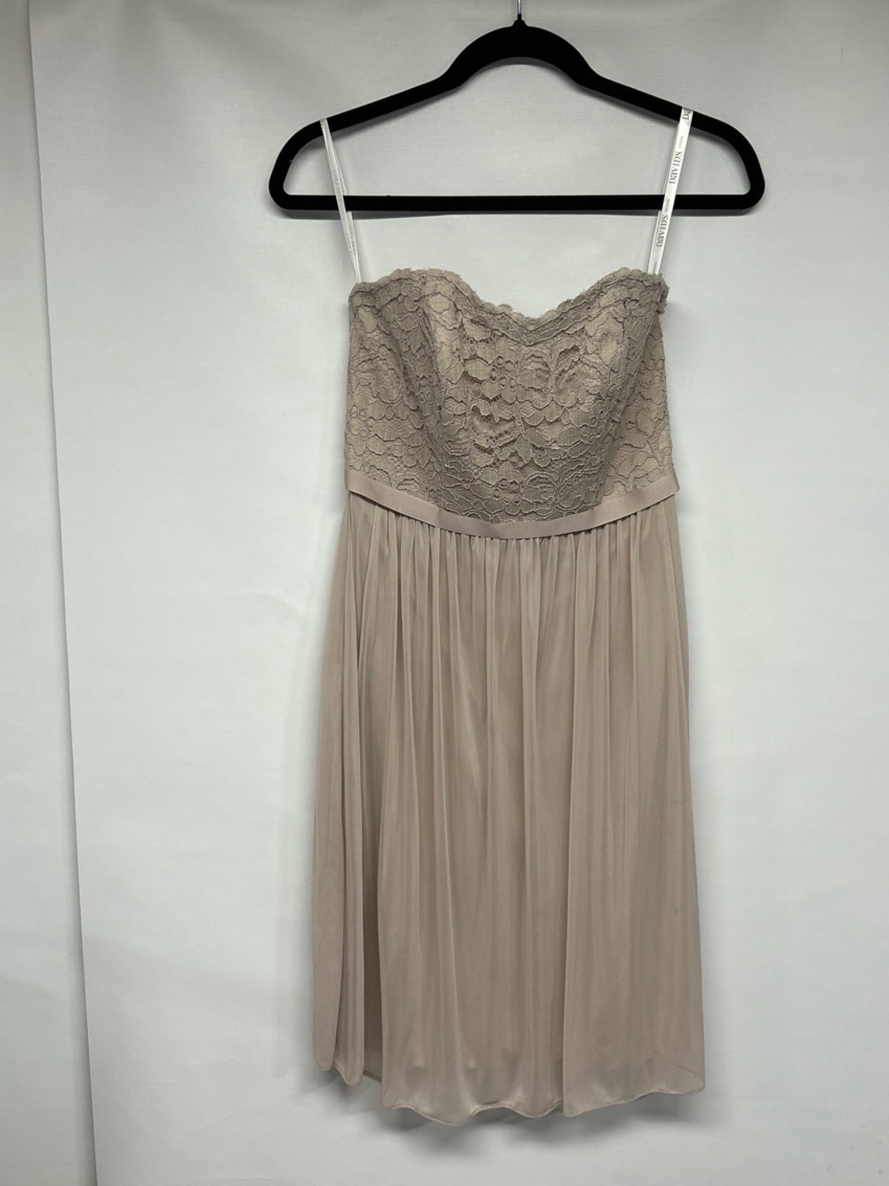 David's Bridal Strapless Lace Bodice Midi Dress in Taupe